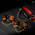Black red leather BDSM restraint set – wrist cuffs collar gold chain leash handmade ShadowedBodies
