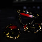 Black leather BDSM collar with custom gold engraved text – red lining gold chain leash personalized restraint
