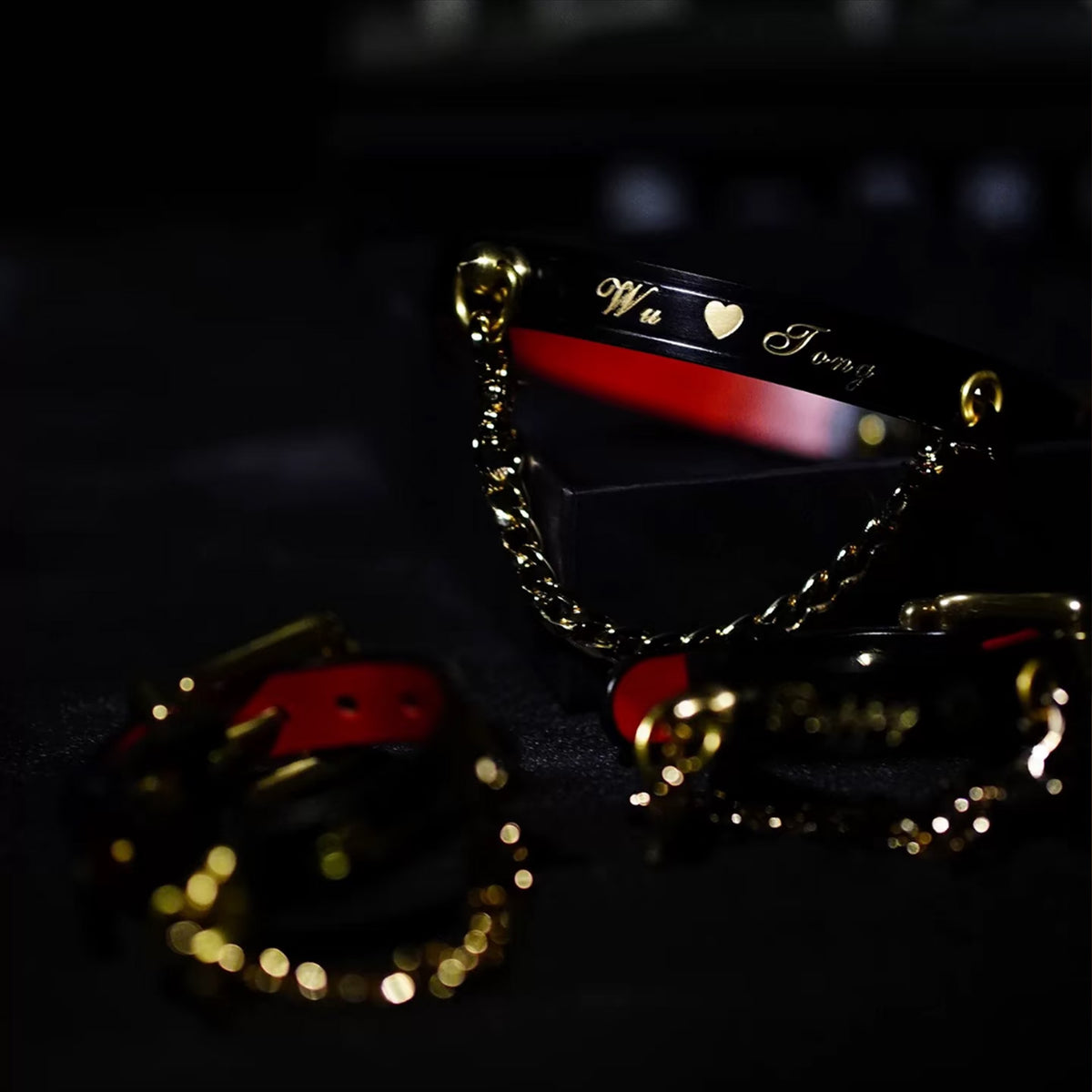 Black leather BDSM collar with custom gold engraved text – red lining gold chain leash personalized restraint
