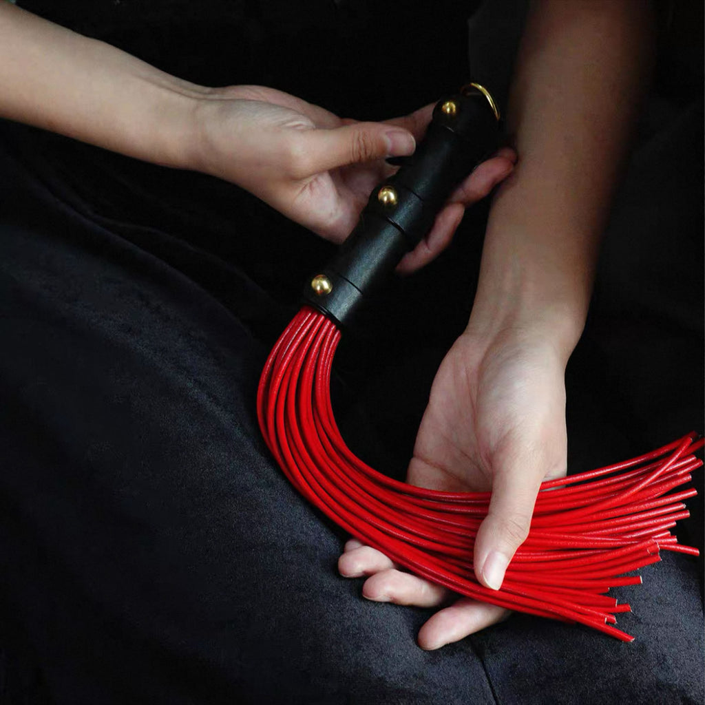 Red leather whip displayed in two hands – black leather handle gold rivets red lash arc full length detail
