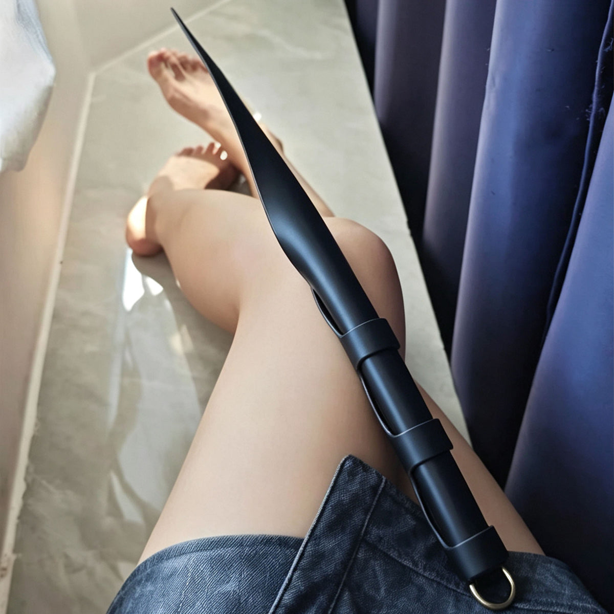 Black leather soft paddle resting on model leg – leaf tip upward gold D-ring handle BDSM impact play lifestyle scene
