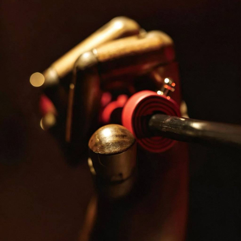 Gold metal handle end of red leather riding crop gripped by wooden mannequin hand – round cap red wrapped collar D-ring detail BDSM close-up
