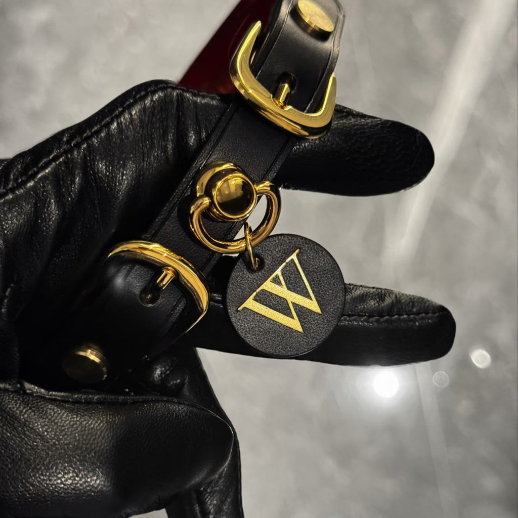Red leather spiked choker held in black gloved hands – gold buckle O-ring ShadowedBodies brand tag custom charm

