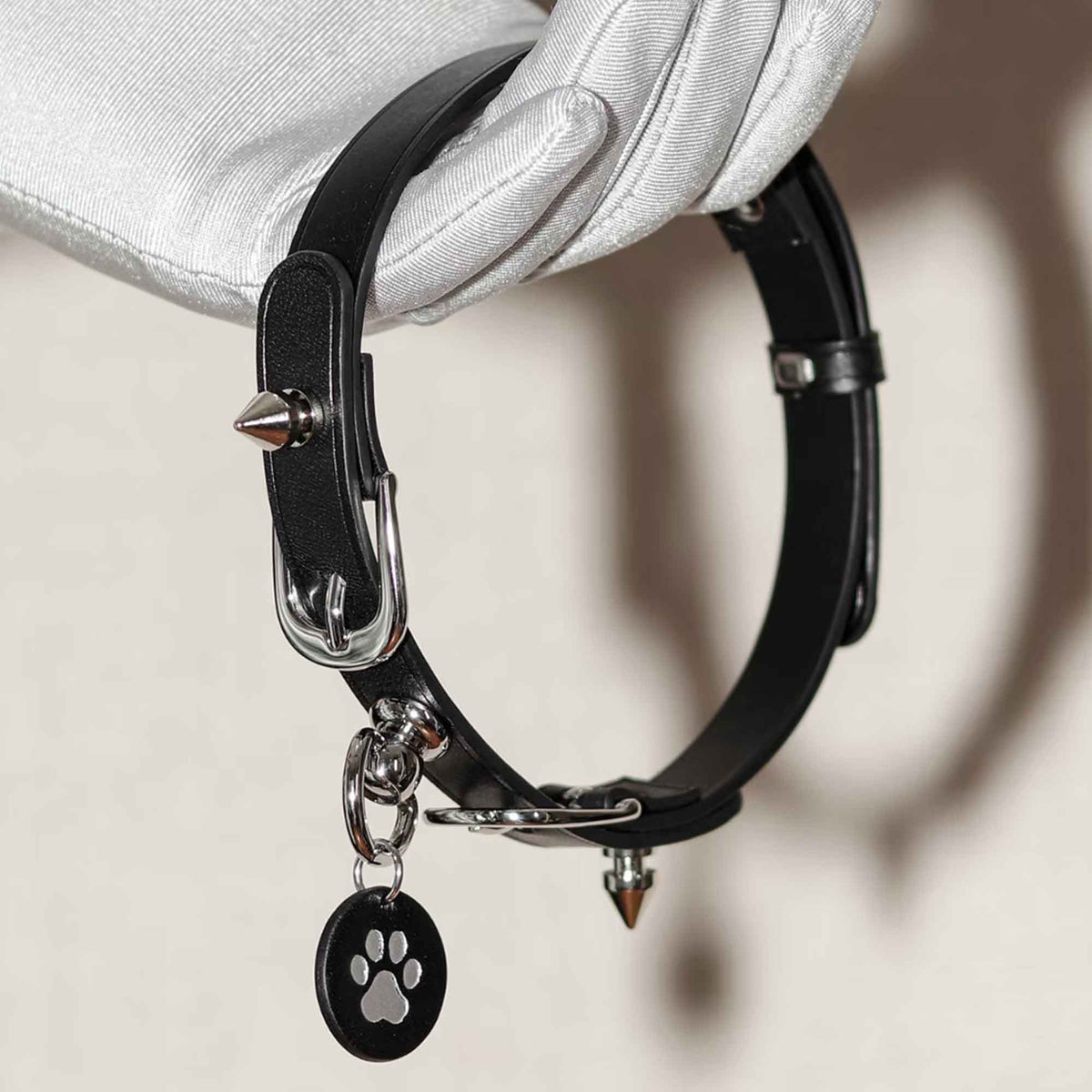 Black leather spiked choker held in white gloved hand – silver cone rivets buckle custom paw print tag pendant
