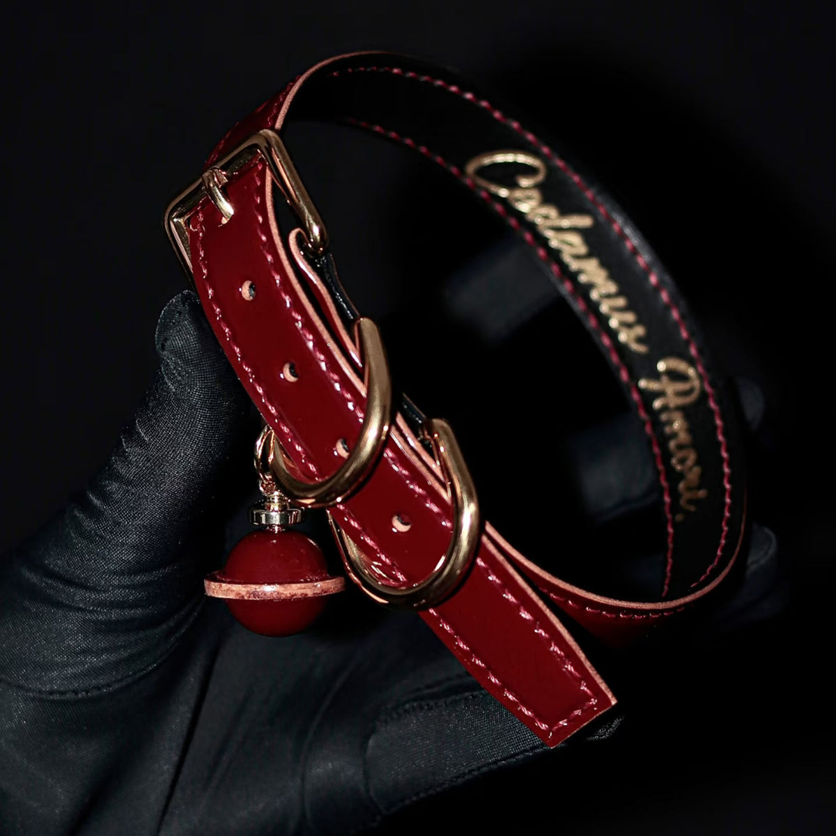 Burgundy leather BDSM collar reverse view – inner lining natural edge red stitching gold connector detail
