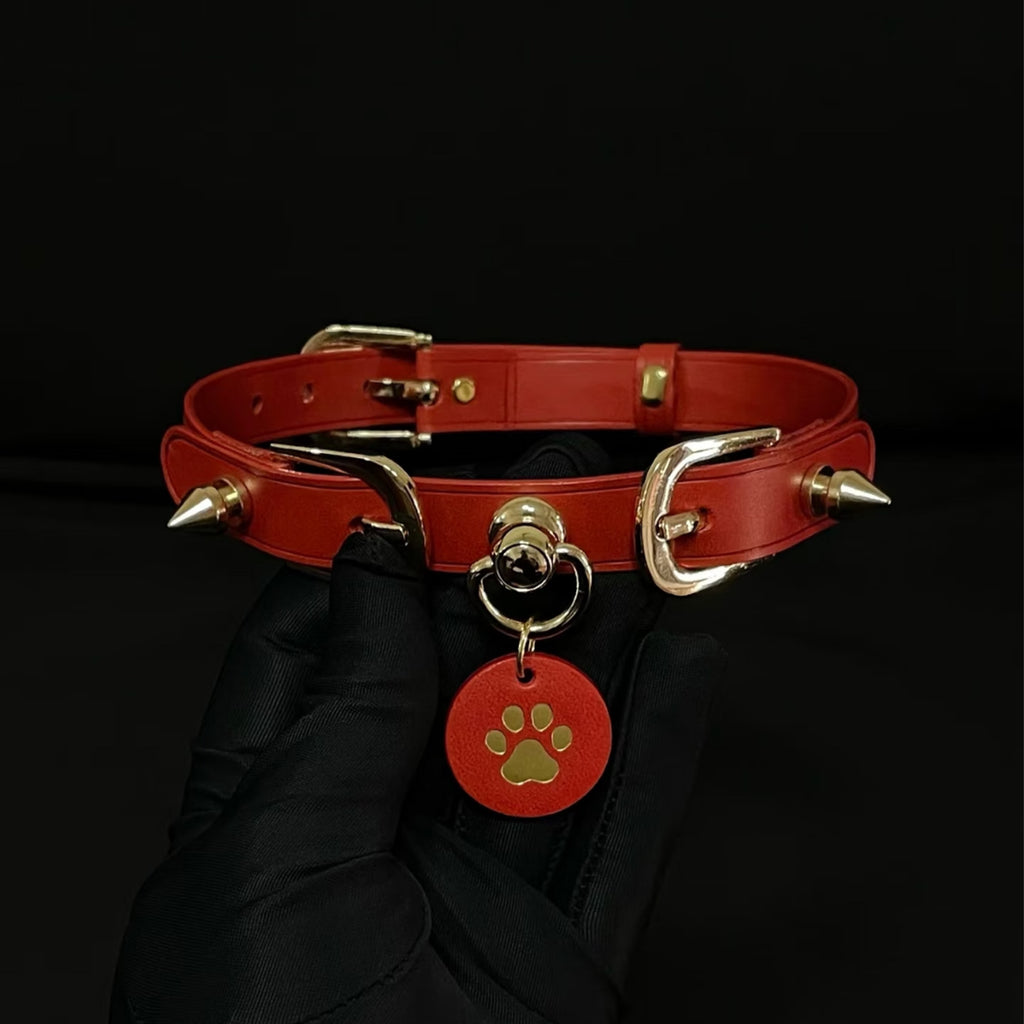 Red leather spiked choker with gold hardware – cone rivets custom charm pendant BDSM collar handmade ShadowedBodies
