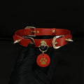 Red leather spiked choker with gold hardware – cone rivets custom charm pendant BDSM collar handmade ShadowedBodies
