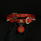 Red leather spiked choker with gold hardware – cone rivets custom charm pendant BDSM collar handmade ShadowedBodies
